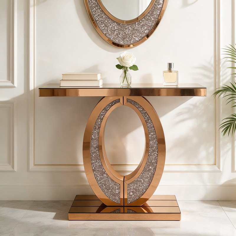 Console moderne et glamour avec miroir et incrustations de diamants broyés, table d'appoint pour entrée, salon, couloir ou hall d'entrée, marron