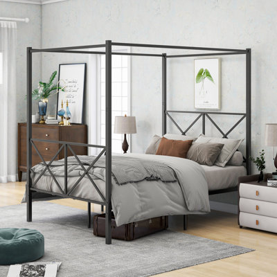 Modern Metal Canopy Bed With X Shaped Frame, Queen -  Gracie Oaks, 51F225D2661744C885AE9C4D49CE9333