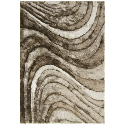 Tapis à poil long contemporain tissé à la main Tres 17 Stories Ivoire / Taupe / Beige