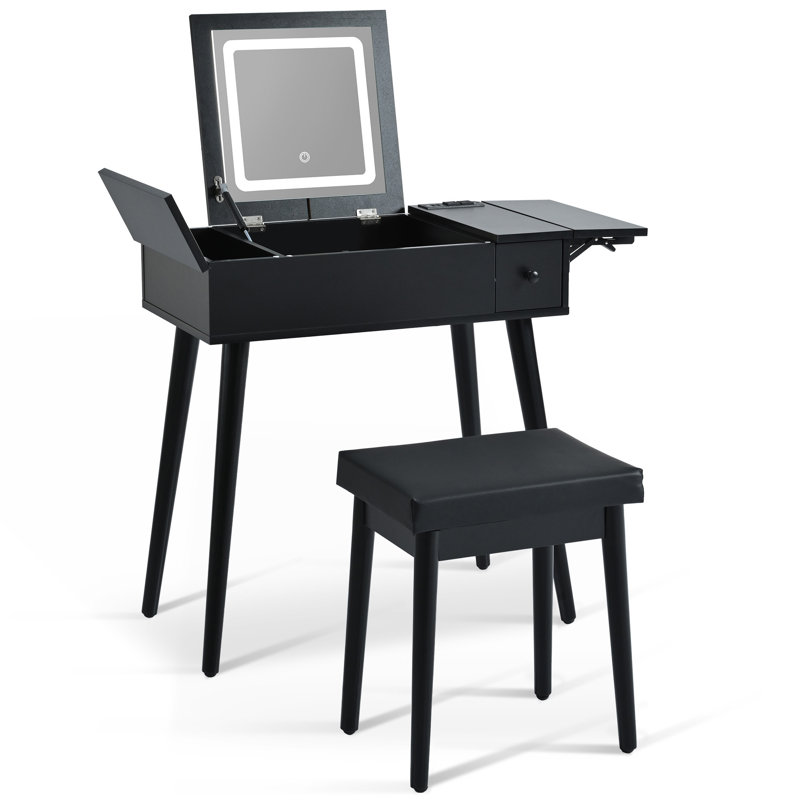 Meuble-lavabo noir 27,9 po avec miroir rabattable et lumière DEL, coiffeuse avec station de charge, 2 tiroirs et panneau rabattable, ensemble de coiffeuse avec tabouret rembourré pour la chambre à coucher
