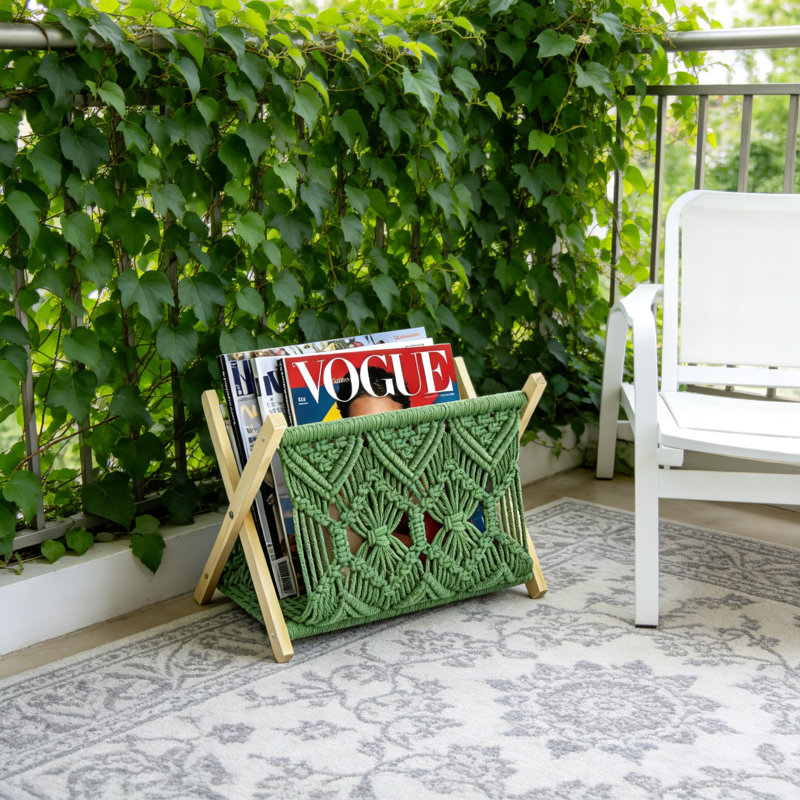 Boho Macrame Magazine Holder,Hand-Woven Magazine Rack, Storage Basket(Green), Green
