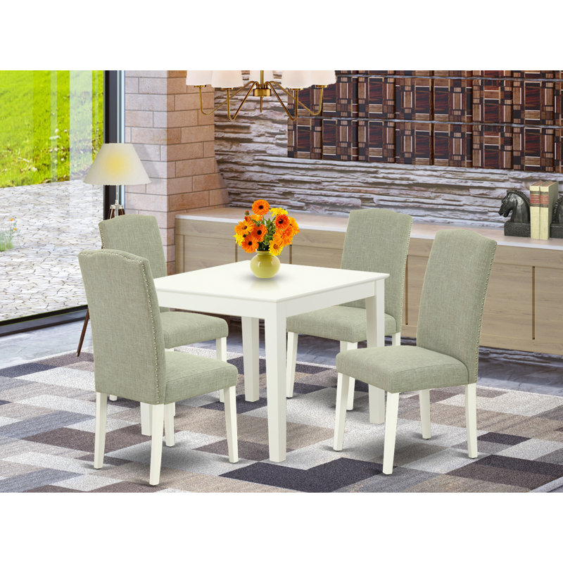 5 Piece Modern Dining Table Set Includes a Square Wooden Table and 4 Dark Shitake Linen Fabric Upholstered Parson Chairs, Linen White