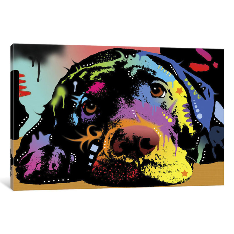 « Lying Lab » par Dean Russo, impression sur toile tendue, H 26 po x l 40 po x P 1,5 po, Toile tendue