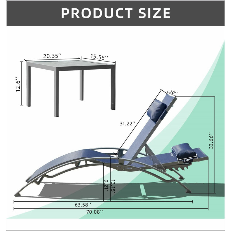 Ensemble de 3 chaises longues de piscine pour l'extérieur, réglables en aluminium avec table d'appoint en métal, pour piscine