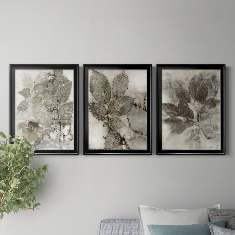 Birch Leaves I - Ensemble de 3 peintures sur toile encadrées, H 18,5 po x l 73,5 po x P 1,5 po, Toile avec cadre noir
