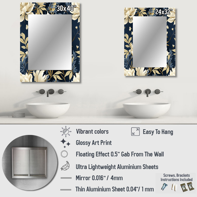Delanos Industrial - ivoire et bleu, motif floral fusion - miroir mural décoratif floral, 32 po x 24 po