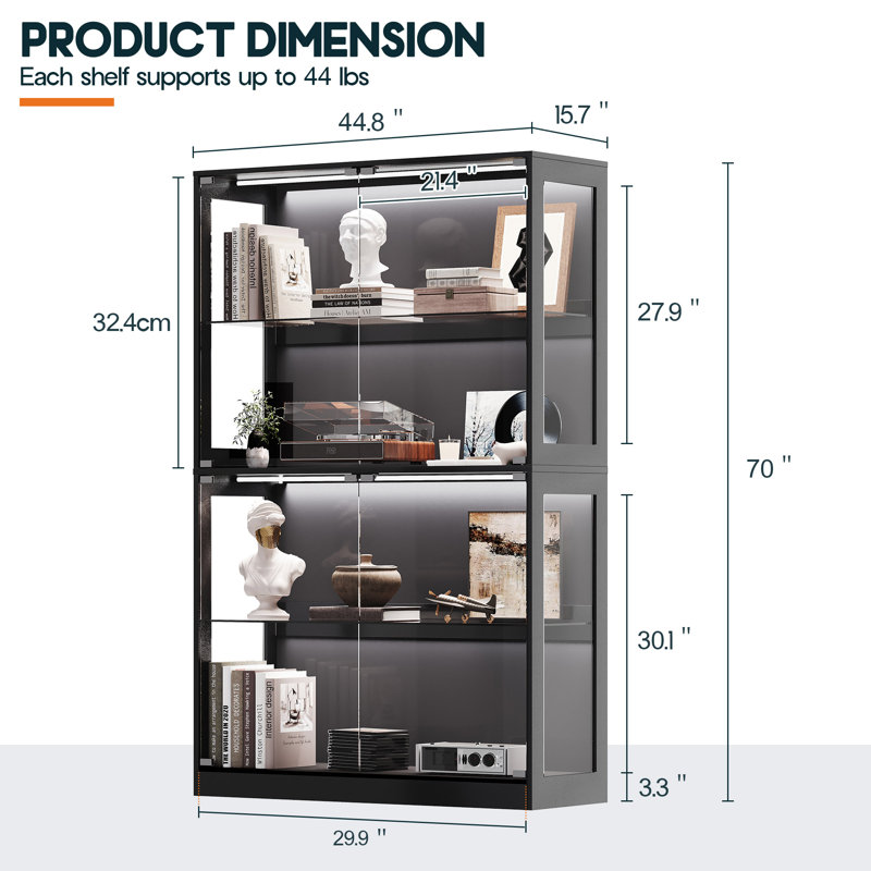 RGB Display Cabinet with Adjustable Glass Shelves, 4-Tier Storage Case with LED Lights & Press-to-Open Doors, Modern Display Shelf for Collectibles, Black 