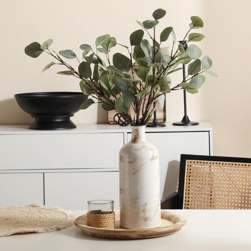 Vase en céramique blanc 12 "avec 3 pièces d'eucalyptus artificiel, vase rustique décor maison de campagne pour salon, cuisine, chambre à coucher, salle de bain, vase en céramique terre cuite à col étroit
