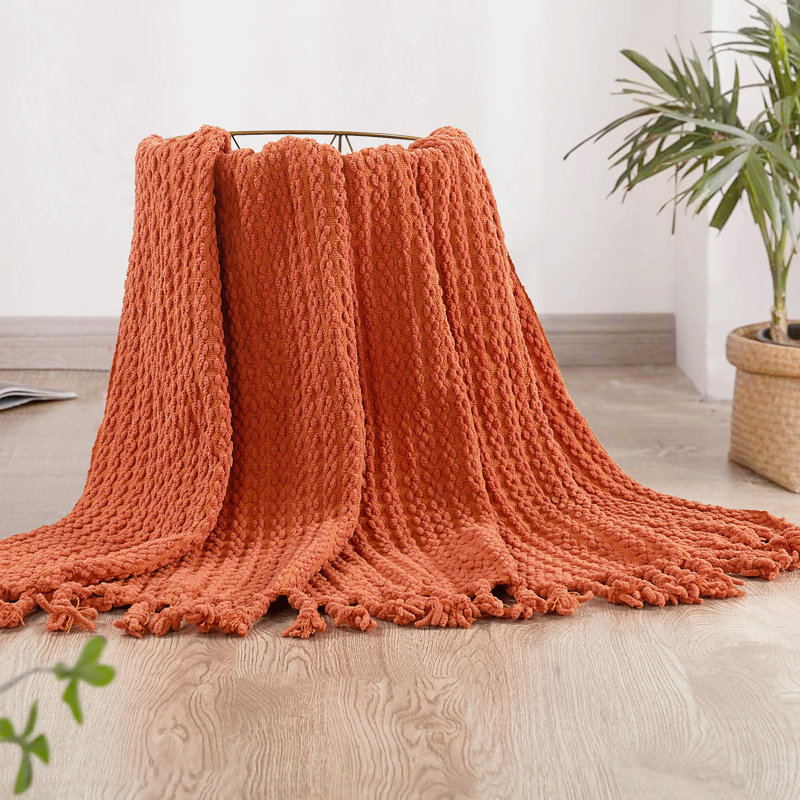 Plaid à pompons en maille texturée, 127 x 152 cm, couverture douce en polyester pour canapé et lit, Orange rouillé