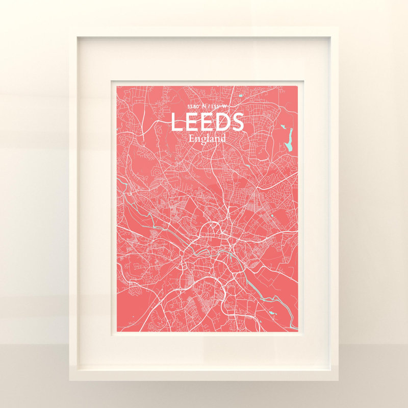 Carte de la ville de Leeds, impression, H 20 po x l 16 po, Rose / bleu bébé