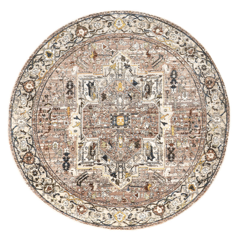 Rippeon Vintage Medallion Power Loom Performance Brown Rug, Round 5'