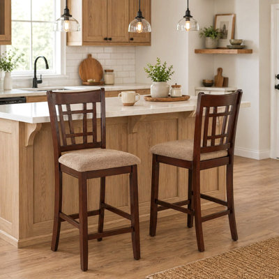 Set Of 2 Counter Height Chairs, Solid Wood Frame, Upholstered Seat, 24" Seat Height, Kitchen Island Bar Stools