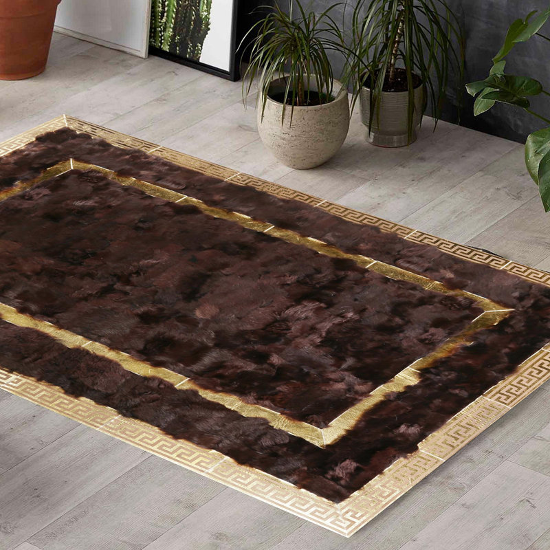 Tapis brun et doré fait à la main en cuir Tuscan, Rectangle 6' x 9'