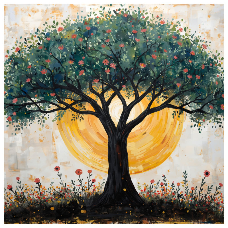 Couvre-lit matelassé arbre avec fond soleil , Double