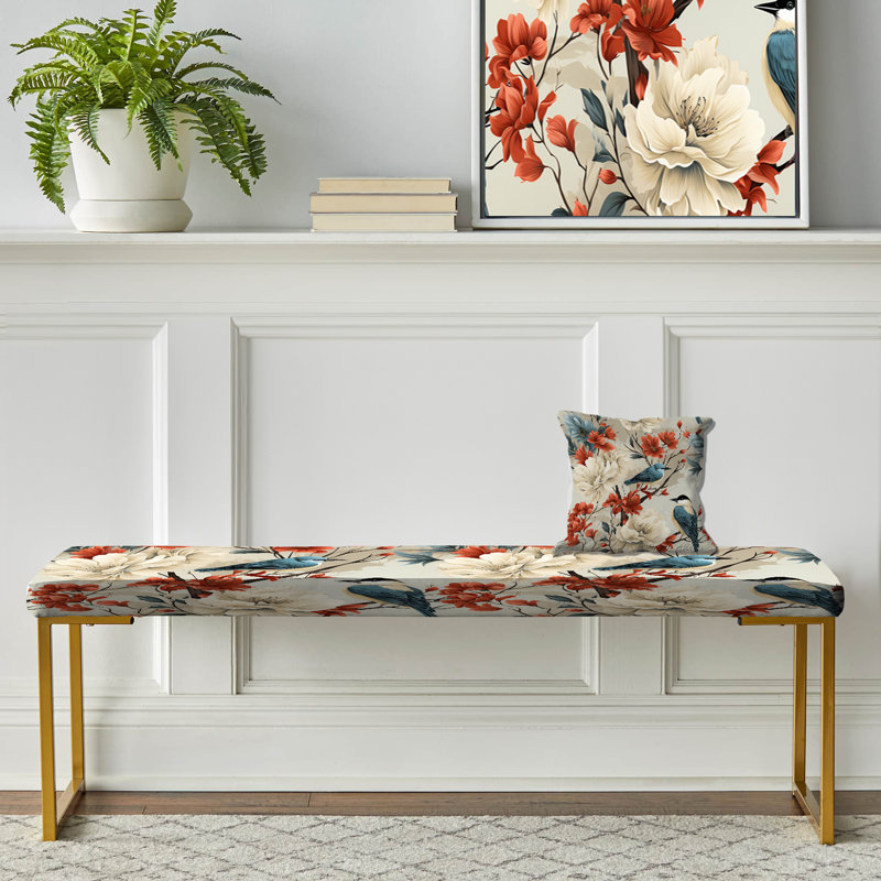 Hibiscus exotique mauve floral - banc rembourré floral doré, Fleur oiseau beige et rouge