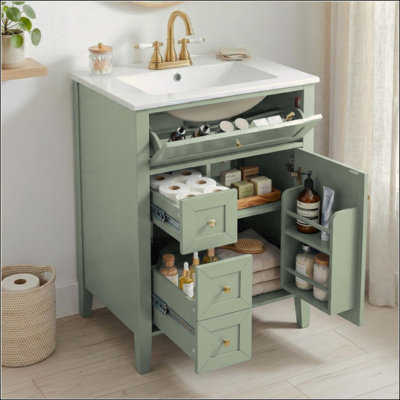 Meuble-lavabo de salle de bain avec lavabo, lavabo en céramique, armoire de salle de bain avec 1 tiroir coulissant et 2 tiroirs de rangement coulissants, porte à fermeture en douceur avec support de rangement, pieds en bois massif, un paquet