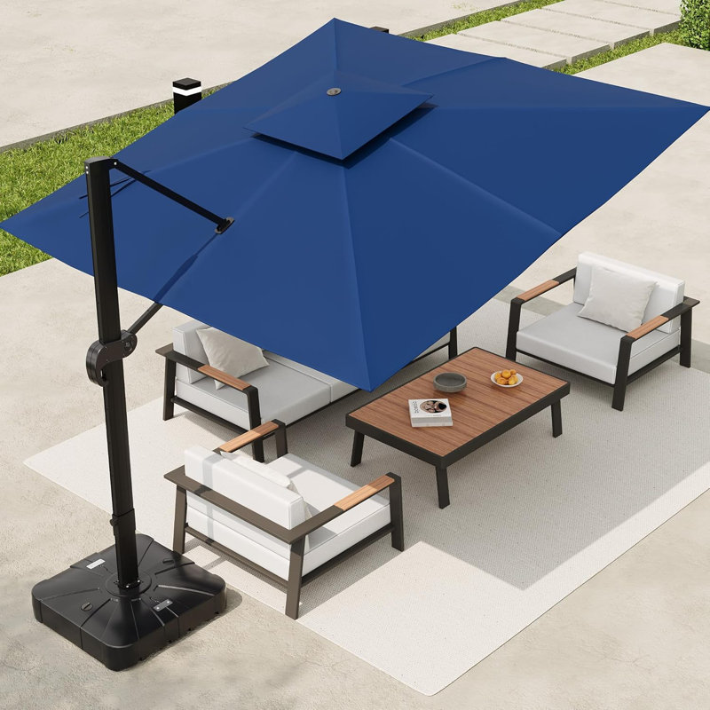 Parasol d'extérieur carré 10 x 10 pi, parasol de patio en porte-à-faux avec rotation à 360 ° et hauteur réglable, Marine
