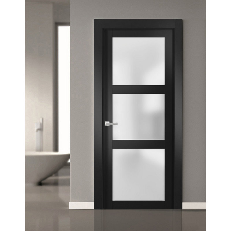 Porte-fenêtre pleine Lucia 2552, verre dépoli, noir mat, panneau simple, cadre, poignées, pour salle de bain ou chambre, portes robustes - 42 po x 84 po