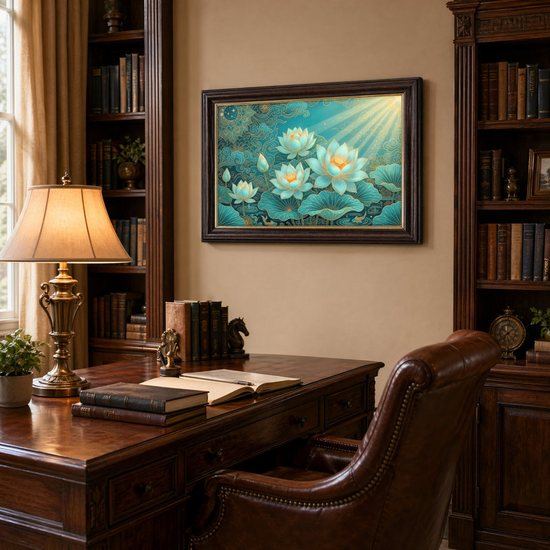 Art mural antique sur toile encadré doré pour le salon, la chambre à coucher, le bureau ou le vestibule - Décoration murale décorative avec motif de lotus