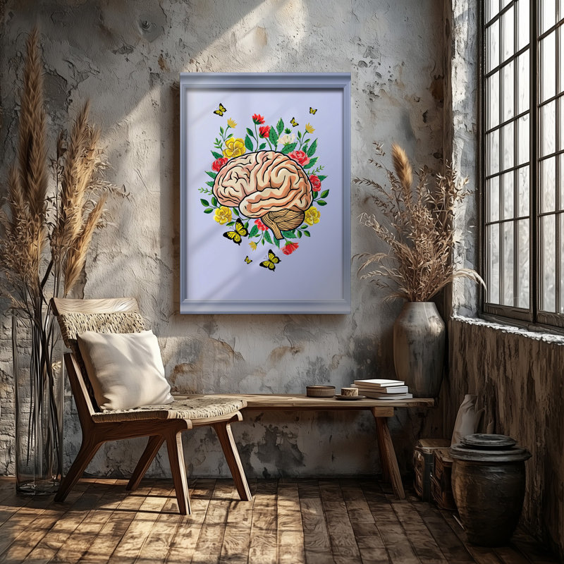 La toile crée une illustration vibrante et fantaisiste mettant en vedette un art mural humain stylisé «Brain at the Center» minutieusement détaillé avec un art mural sur toile