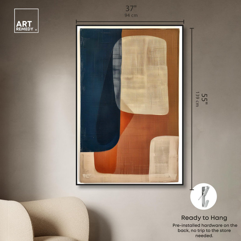 Blue And Cream II Canvas Midcentury Abstract Wall Art by Art Remedy, Black Framed, 55" H x 37" W