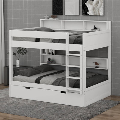 Lit superposé avec lit gigogne pour 3 personnes, lit superposé en bois avec tablettes de rangement et tête de lit bibliothèque