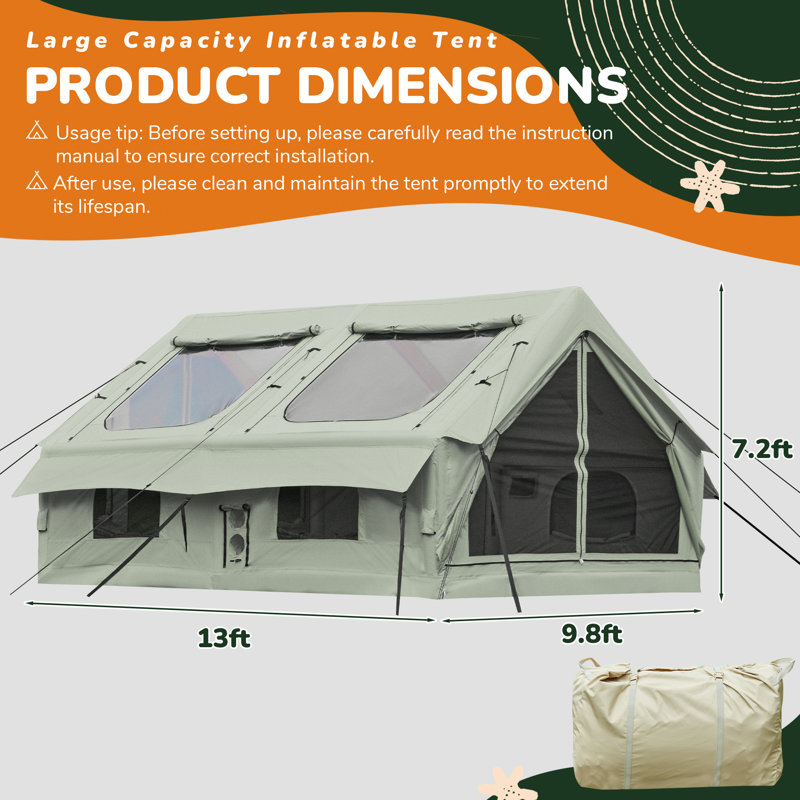 8-12 Person Inflatable Tents For Camping, 130 Sqft Tent With 2 Tpu Skylight, Mesh Windows & Pump, Easy Setup 4 Season Glamping Tent, Waterproof & Sunproof, Green