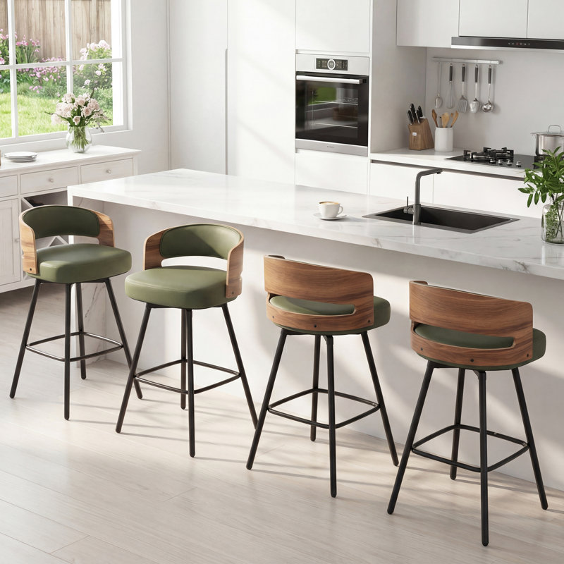 Windsor Mid-Century Swivel Bar Stools With PU Seat And Bentwood Back – Metal Frame, Green