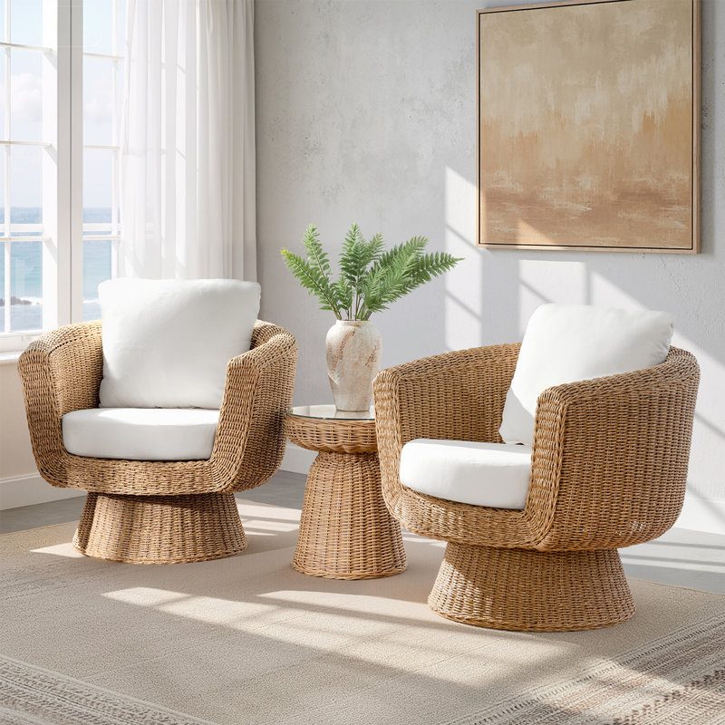 Ensemble de salon 3 pièces Anesty Coastal avec 2 fauteuils pivotants en rotin et une table de bout