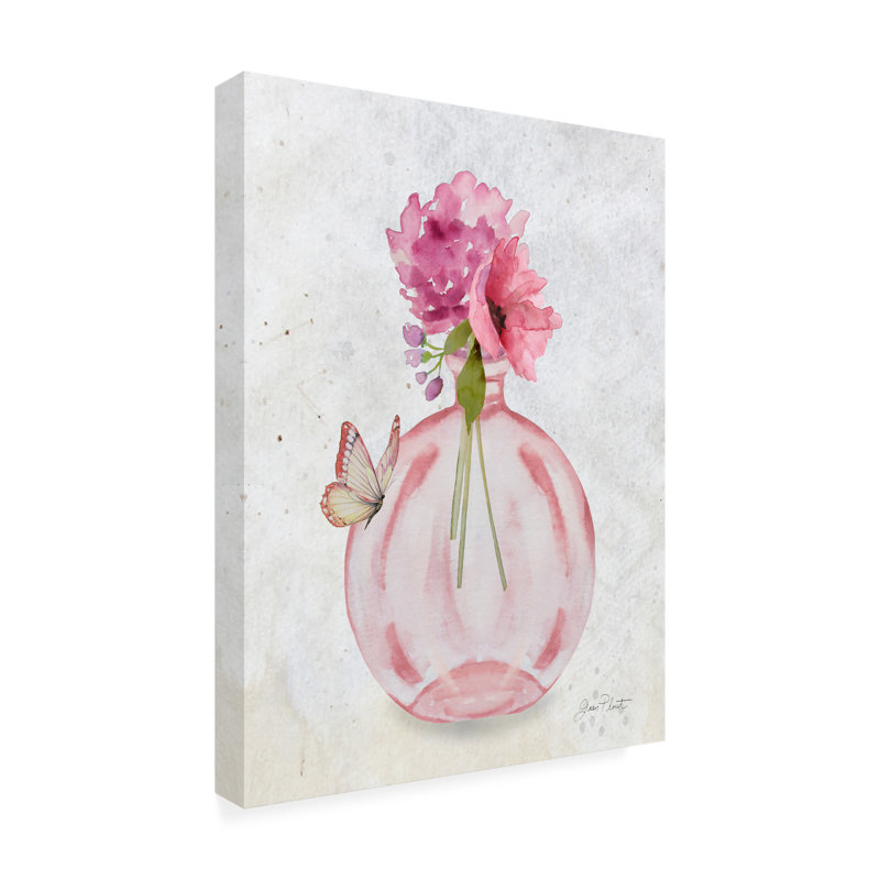 «Pink Bottles 3» par Jean Plout - peinture sur toile tendue, H 32 po x l 24 po x P 2 po