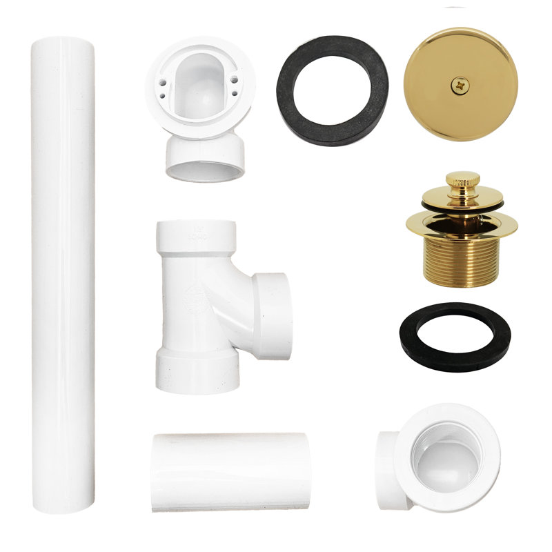 Ensemble de drain de baignoire en PVC 1-1 / 2 "x 12" avec trop-plein à deux trous avec trop-plein, Un trou, Laiton poli