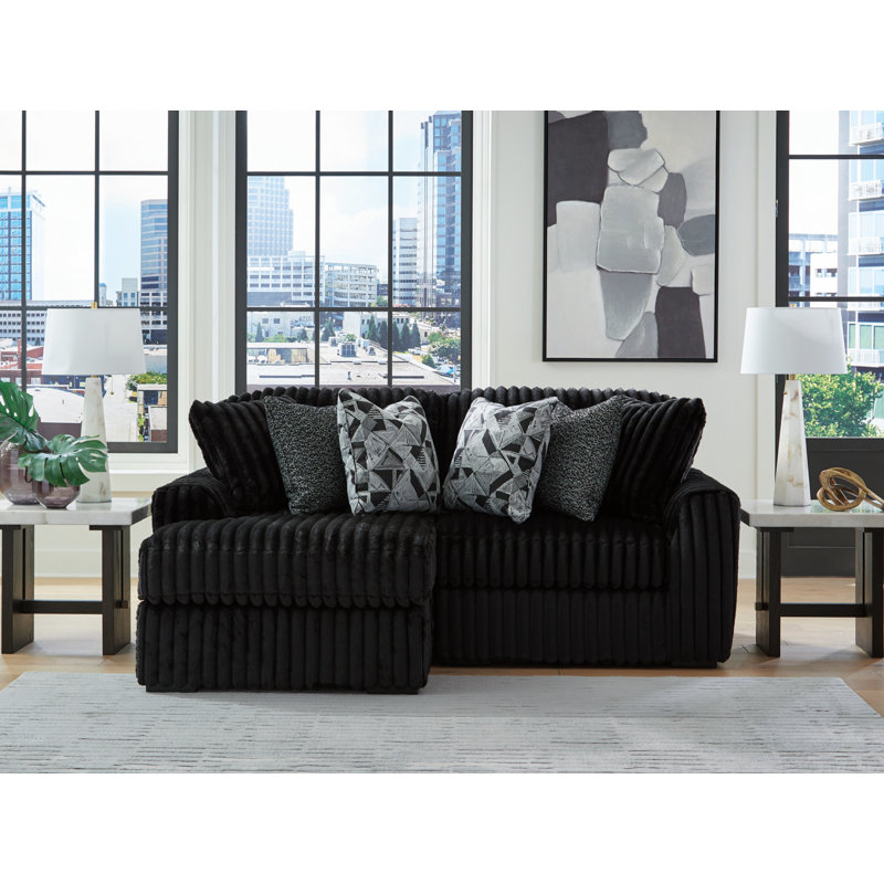 Canapé modulaire 2 pièces avec méridienne Midnight-Madness, Polyester noir, Orienté à gauche (vu de face)