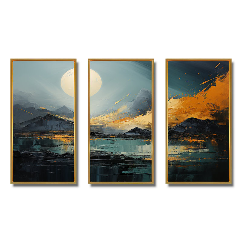 Gris et jaune, paysage de montagne abstrait III - paysage abstrait, art mural, Cadre flottant doré