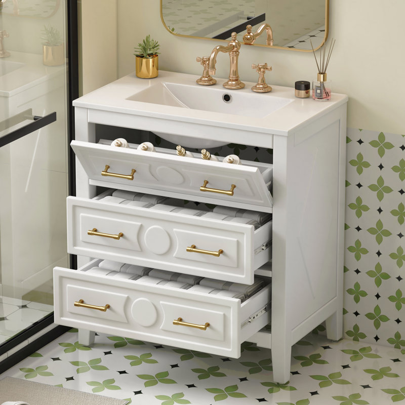 Ensemble de meuble-lavabo avec lavabo en céramique, ensemble de meuble-lavabo simple sur pied, armoire de rangement à cadre en bois massif, 3 tiroirs