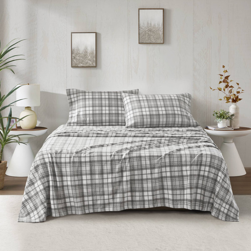 Micro Fleece Grey Plaid Anti-pilling Cozy Fleece 4-Piece Queen Sheet Set, Queen Sheet Set with 2 Pillowcases, Gray Plaid