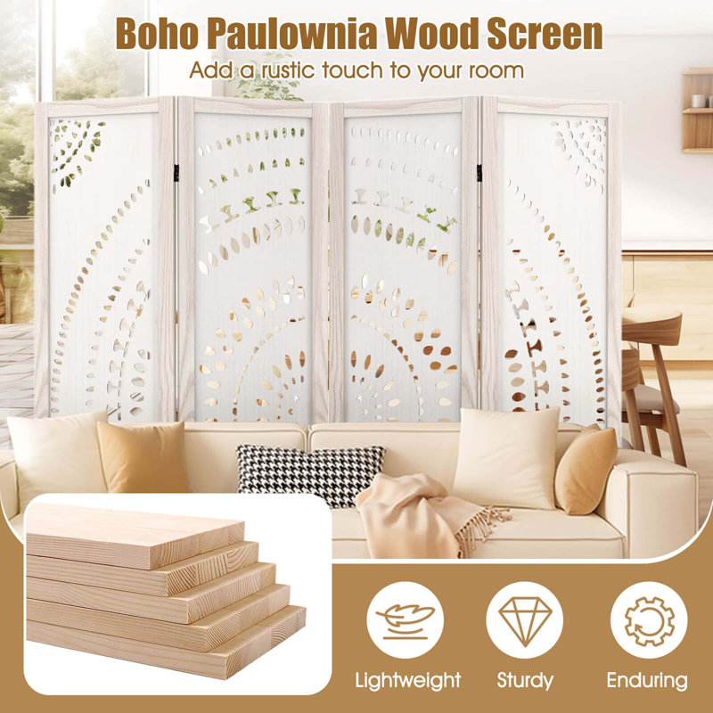 66" White Boho Solid Wood Folding Room Divider with Carved Pattern