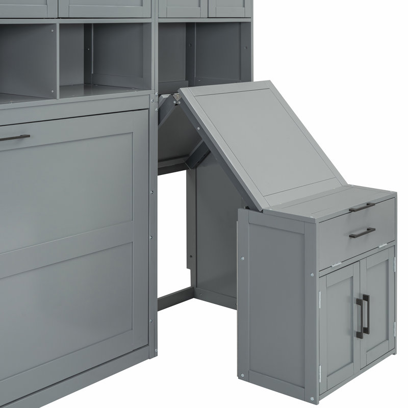 Murphy Bed With Desk, Cabinet And Bookcase, Gray