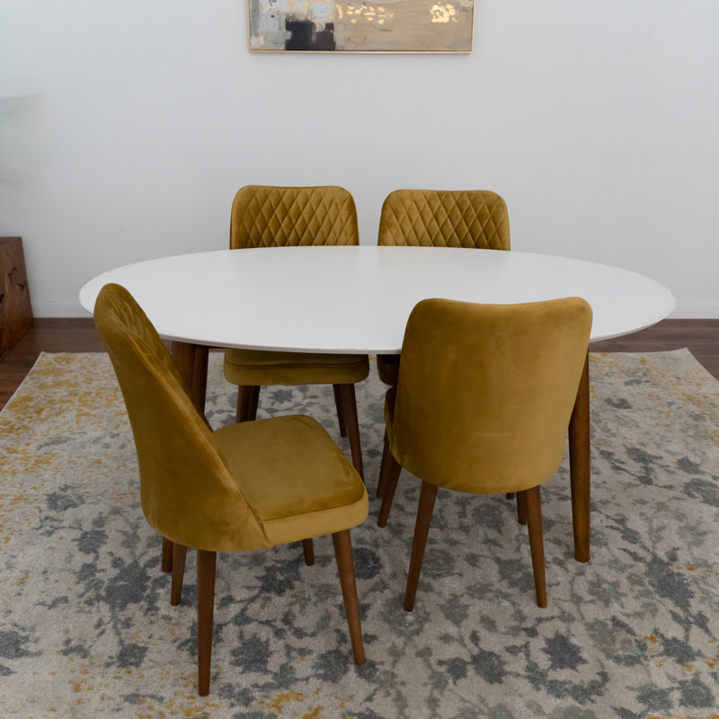 Ensemble de salle à manger ovale en bois massif pour 5 personnes avec chaises rembourrées en velours Gimpel, Blanc, Doré