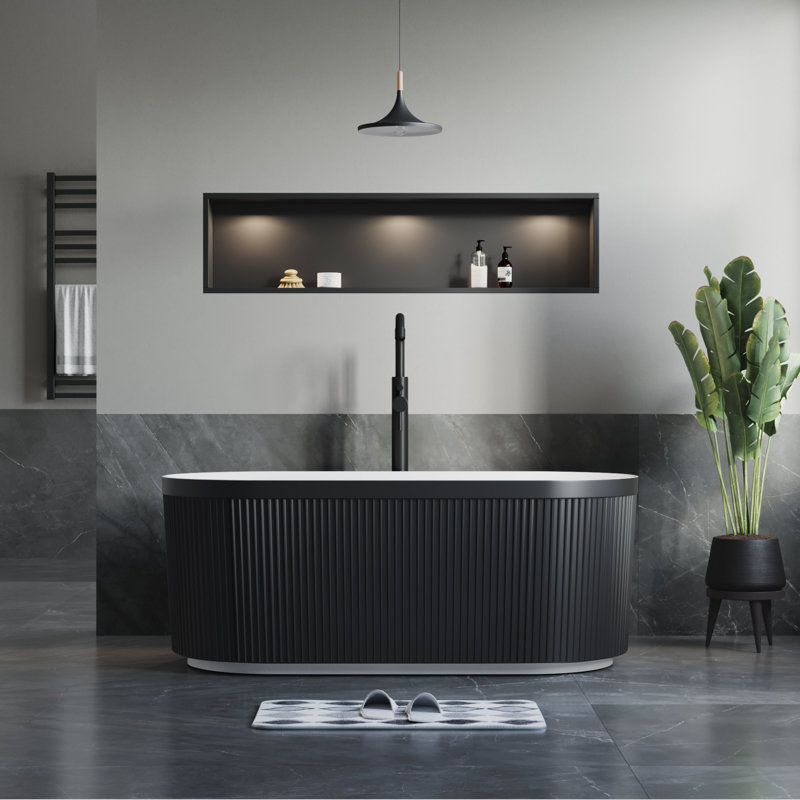 59'' x 30'' Freestanding Soaking Acrylic Bathtub with Overflow, Fluted Design, Matte Black