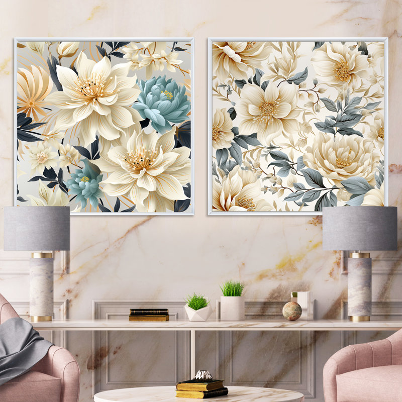 Capucine - Ensemble de 2 collages floraux carrés, Cadre flottant blanc, H 36 po x l 73 po