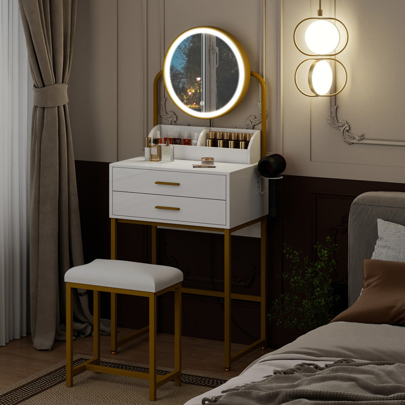 Dressing Table with LED Lighted Mirror, Makeup Vanity Desk with Stool and 2 Drawers, 55CM Desktop, Gold
