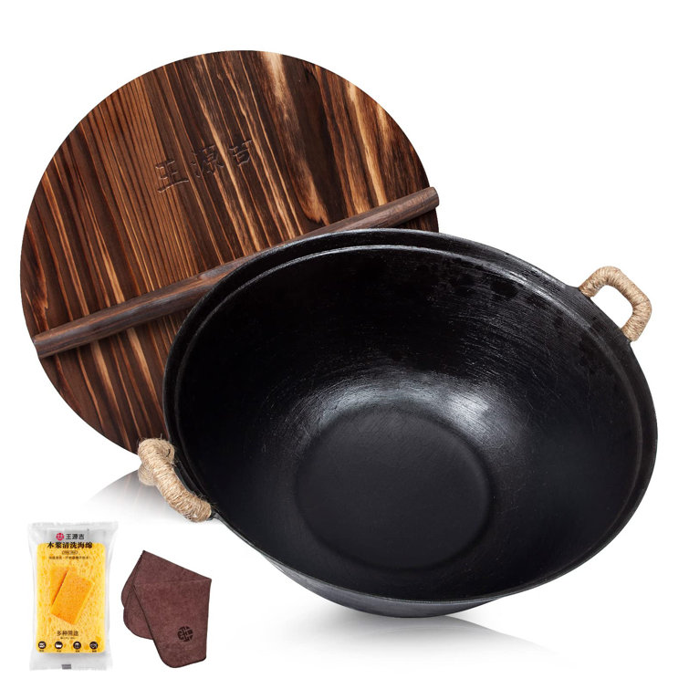 Bruntmor 14 Enameled Cast Iron Wok Nonstick Skillet Pan with Wooden Pot  Lid Cover - Black