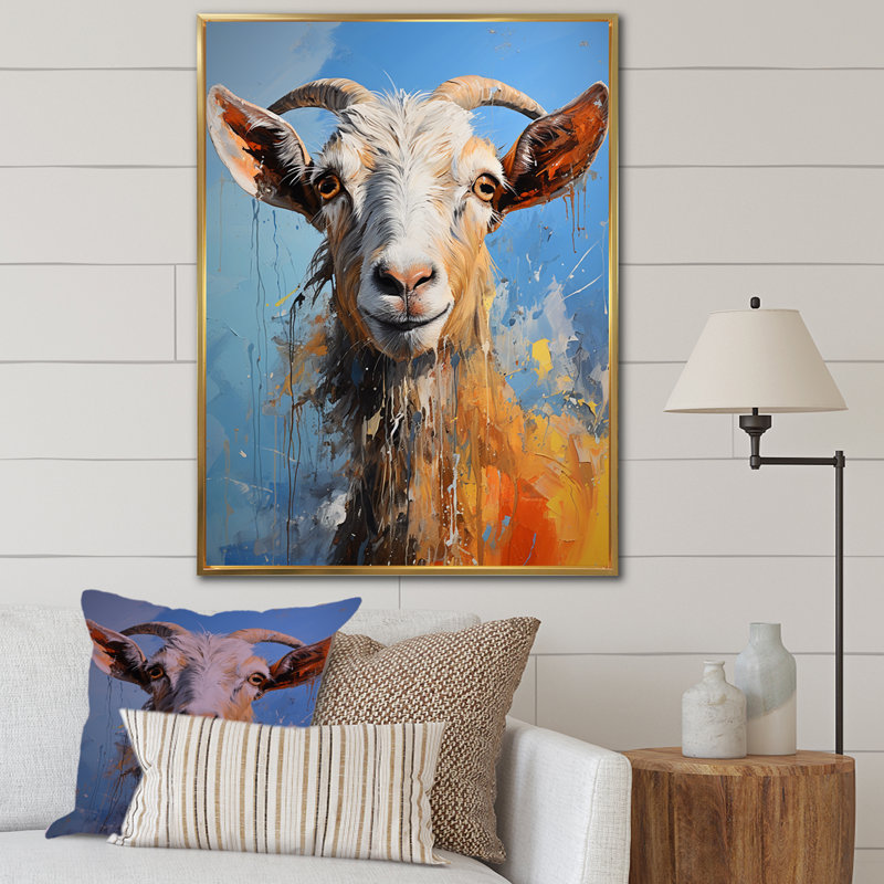 Blanc blanc Pop Art Portrait de chèvre - art mural animal de chèvre, Cadre flottant doré, 32" H x 24" W
