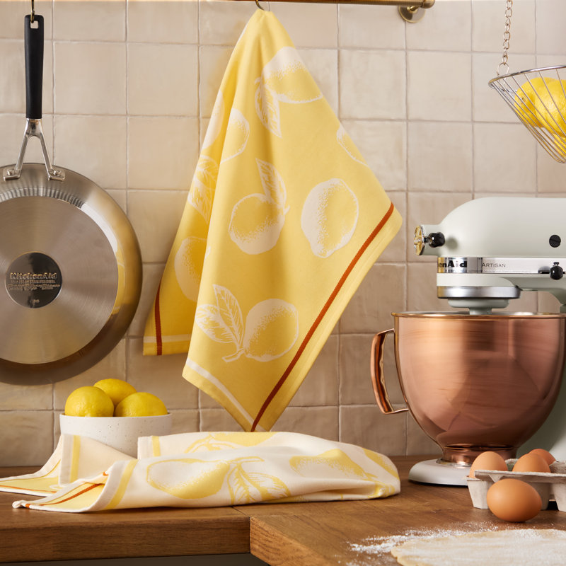 KITCHENAID Harvest Flatwoven Jacquard Kitchen Towels 2-Pack, Majestic Yellow/Honey Lemons, 20"x30", Yellow Lemons