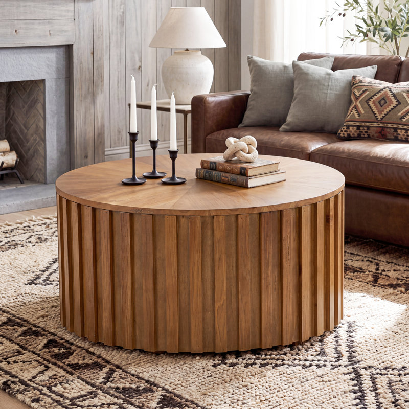 Table basse ronde en bois massif de 31,5 po avec rangement caché, table basse à tambour moderne cannelée pour le salon, la maison, les petits espaces, sans assemblage