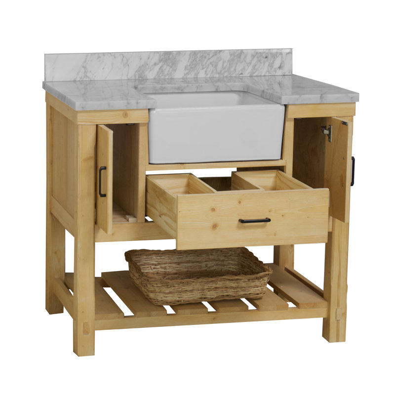 Ensemble de meuble-lavabo simple de 42 po Hitton, Marbre de Carrare, Bois flottant