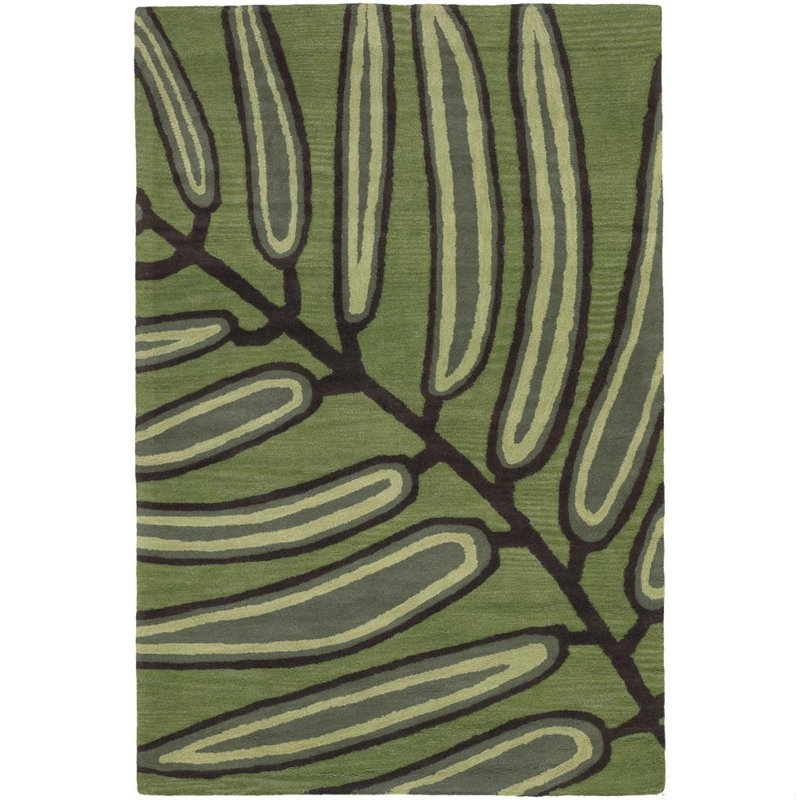 Très grand tapis botanique en laine touffeté à la main vert, brun et ivoire Cianie, Rectangle 5 pi x 7 pi 6 po
