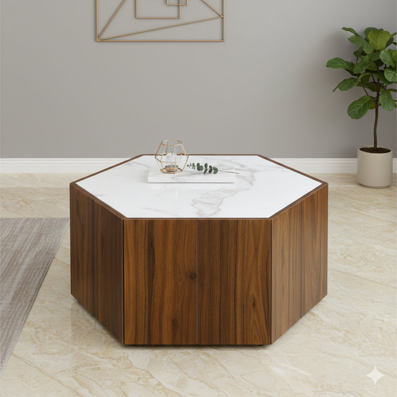 Table de centre hexagonale rétro en bois avec deux tiroirs cachés. Comprend des dessus texturés en marbre blanc et est disponible en finition chêne noyer. Parfait pour les salons ou les espaces de réception.