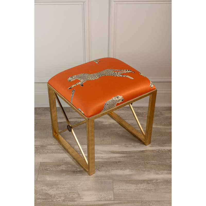 Scalamandre Upholstered Dining Bench, Clementine Orange/Antiqued Gold, Clementine Orange