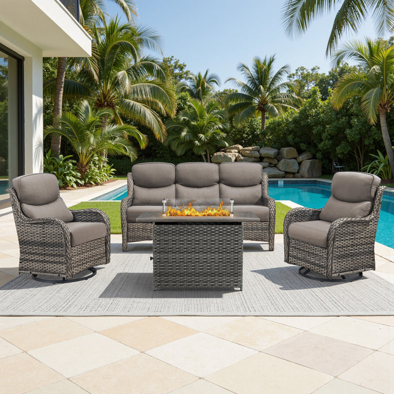 5 - Person Handwoven Wicker Patio Conversation Fire Pit Set With 5" Olefin Cushions Swivel Glider Chairs, Gray, Gray
